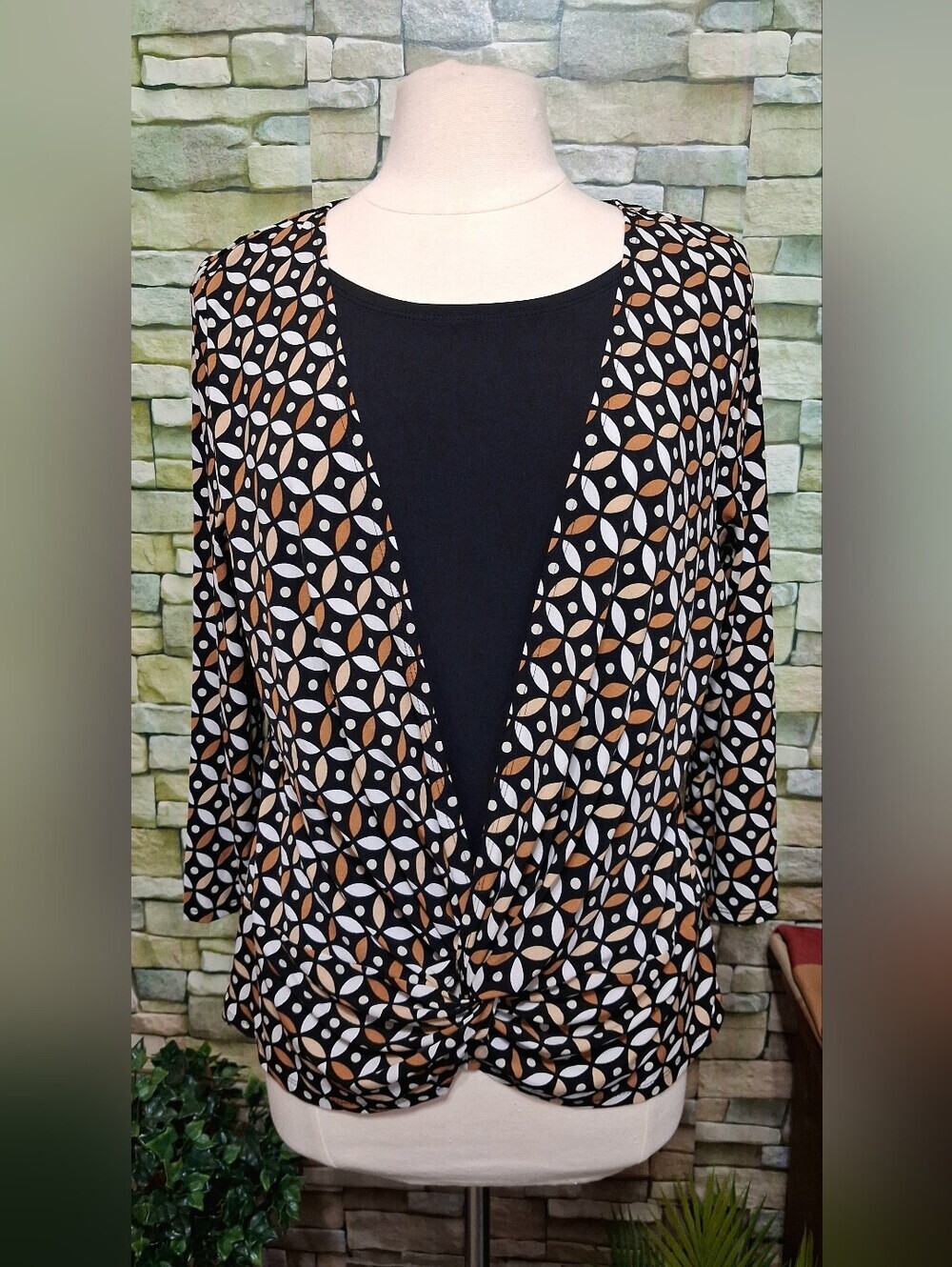 Carolyn Taylor Black Geometric Knot-Front Blouse Tan and White Accents Large